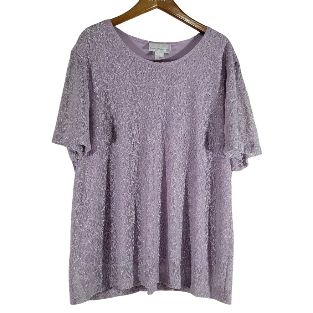 Susan Graver Knit Lace Top Womens 2X Light Purple Lilac Lined Scoop Metallic